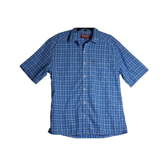 Simms Short Sleeve Blue Plaid Button Down Outdoor Fishing Shirt Mens Medium - Picture 1 of 4